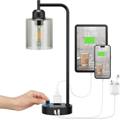 Industrial Bedside Desk Lamps for Bedroom - Grey Smoked Glass Shade Table Lamp with USB C Port, Fully Dimmable Small Lamps with USB Port and Outlet, Reading Nightstand Lamps for Office Living Room