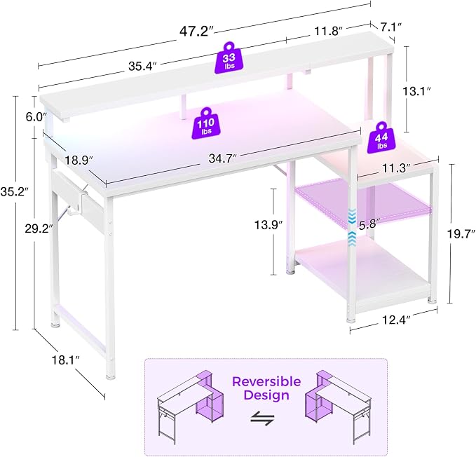 AODK 48 Inch Gaming Desk with LED Lights, Computer Desk with Storage Shelves, Reversible Desk with Monitor Stand, White