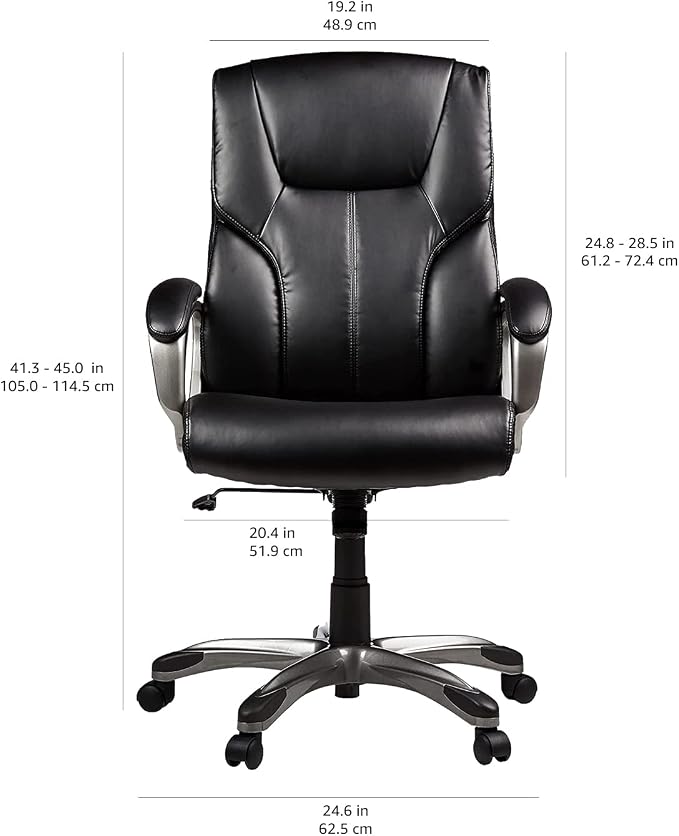 Amazon Basics Executive High Back Office Chair, Adjustable Height, Tilt, Swivel, Padded Seat, Bonded Leather, Wheels, Black/Silver