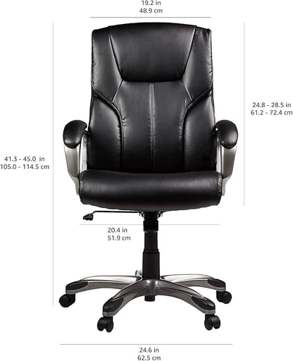 Amazon Basics Executive High Back Office Chair, Adjustable Height, Tilt, Swivel, Padded Seat, Bonded Leather, Wheels, Black/Silver
