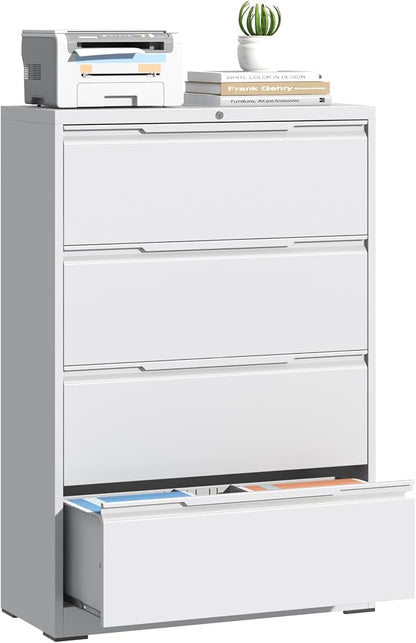 Lateral File Cabinet 4 Drawer, Metal File Cabinet with Lock | Filing Cabinets for Home Office, Black Locking Deep Drawer for Hanging Files Letter/Legal/A4/F4 Size, Assembly Required