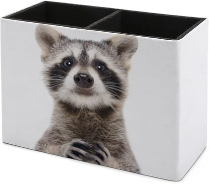 Niapessel Pencil Holder for Desk, Cute Funny Raccoon Pen Holder Storage Desktop Pen Organizer Desk Pencil Organizer Makeup Brush Holder for Office School College Leather