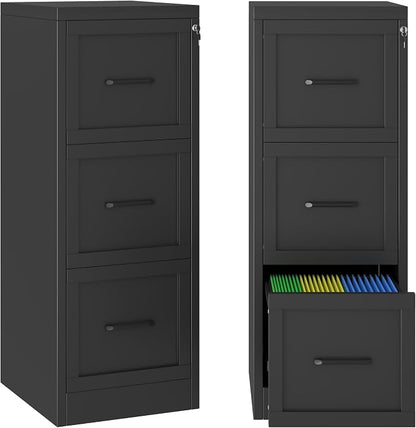 Small Metal 3-Drawer File Cabinet, Under-Desk Filing Cabinet, Black | Locking, Adjustable Hanging Rail, Fit A4, FC, Letter, Hanging File Folders for Home Office Storage Organization, 2PS