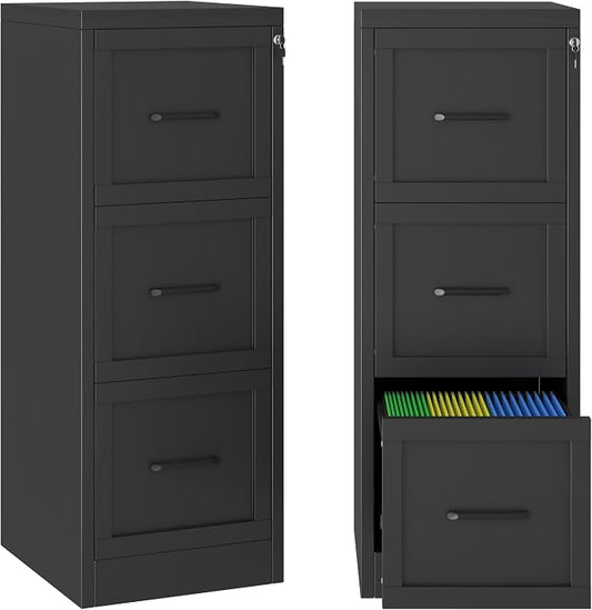 Small Metal 3-Drawer File Cabinet, Under-Desk Filing Cabinet, Black | Locking, Adjustable Hanging Rail, Fit A4, FC, Letter, Hanging File Folders for Home Office Storage Organization, 2PS