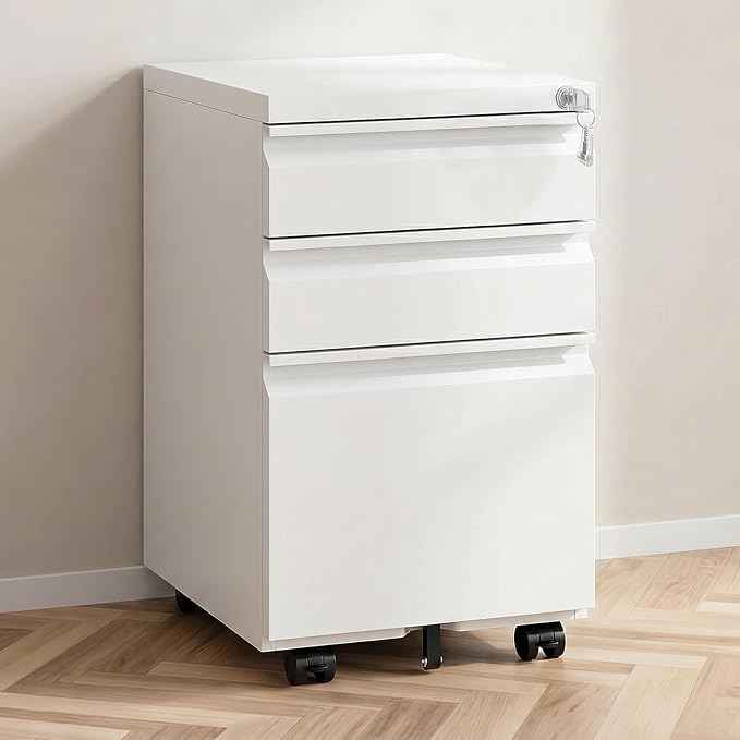 3 Drawer File Cabinet with Lock,Rolling Mobile File Cabinet with Wheels for Home Office,Under Desk Metal Filing Cabinet,Office Storage Organizer,Fully Assembled,White