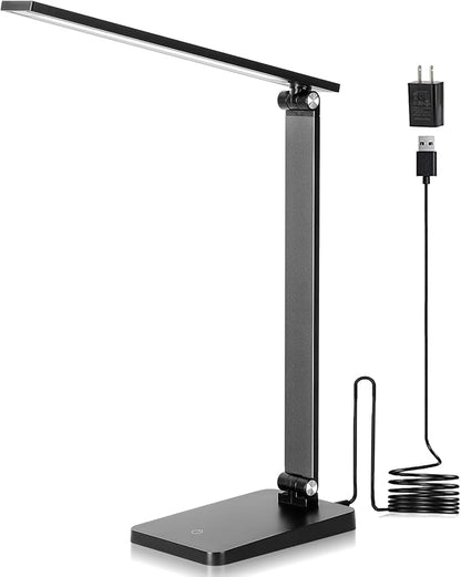 LED Desk Lamp for Home Office, 3 Levels Dimmable Desk Light with USB Charging Port, Small Study Lamp, Reading Light for Table, Black, 5000K