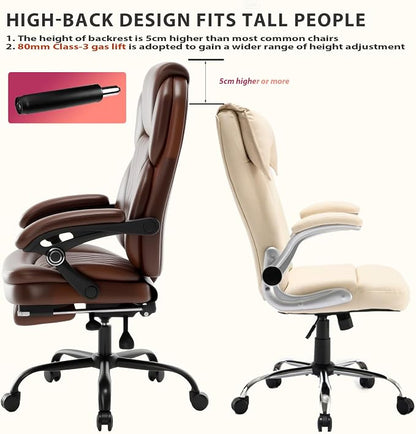 400lbs Reclining Office Desk Chair with Footrest, Managerial Executive Chair Lounge Chair for Office, Plus Size Brown Leather Recliner Office Chairs