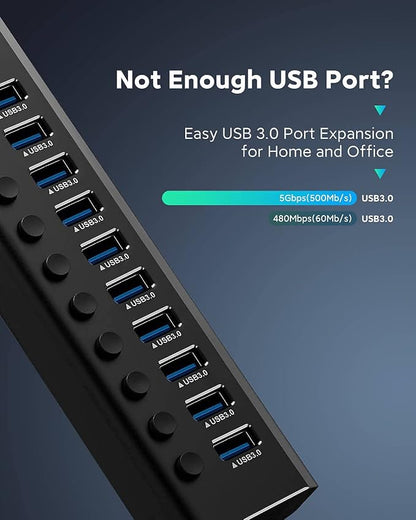 Powered USB Hub, Rosonway Aluminum 10 Port USB 3.0 Data Hub with 36W (12V/3A) Power Adapter and Individual On/Off Switches USB Splitter(RSH-A10)