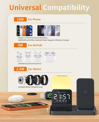 6-in-1 Wireless Charging Station,Charger Stand for Apple Devices,for iPhone 17-12 Pro Max Watch Airpods,Wireless Charger iPhone Charging Station with Night Light/Alarm Clock Gifts for Fathers Day