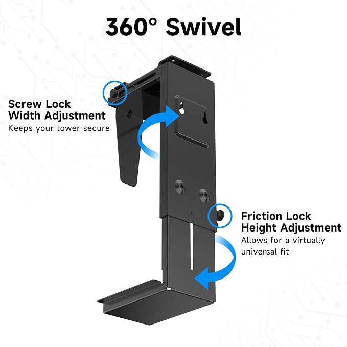 Pholiten Under Desk CPU Mount, Universal PC Wall Mount, 3.94 to 11.61 Inch Wide Computer Case CPU Hanger Holder, Adjustable 360 Swivel, Secure Lock, Max Load 44Lbs