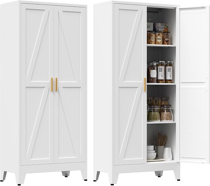 61" Tall Metal Pantry Cabinet, Kitchen Storage Cabinet with 2 Doors and 3 Adjustable Shelves for Kitchen, Living Room, Dining Room, Bathroom and Home, Office (White, 1PC)