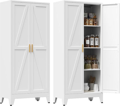 61" Tall Metal Pantry Cabinet, Kitchen Storage Cabinet with 2 Doors and 3 Adjustable Shelves for Kitchen, Living Room, Dining Room, Bathroom and Home, Office (White, 1PC)