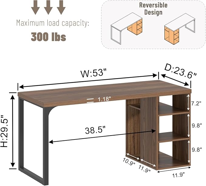 EXCEFUR Home Office Desk with Storage, Modern Computer Desk with Reversible Shelves, Gaming Study Writing Table Workstations for Living Room Bedroom, 53 Inch, Rustic Walnut