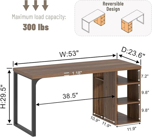 EXCEFUR Home Office Desk with Storage, Modern Computer Desk with Reversible Shelves, Gaming Study Writing Table Workstations for Living Room Bedroom, 53 Inch, Rustic Walnut