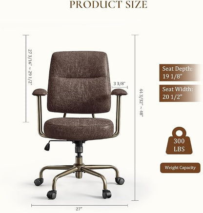EUREKA ERGONOMIC Becky Mid Century Modern Office Desk Chairs Leather, Comfy Office Chair with Lumbar Support and Arms, Mid-Back, Comfortable Thick Cushion, Height Adjustable, 360°Swivel, Brown