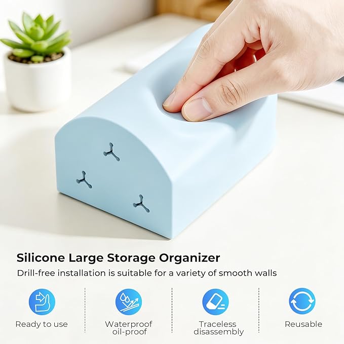 UMUST Silicone Pencil Holder, Self Adhesive Pencil Organizer for Desktop, No Drill Wall-Mounted Electric Toothbrush Holder, 3-Slot Multi-Functional Holder Accessories for Home, Office, School (Blue)