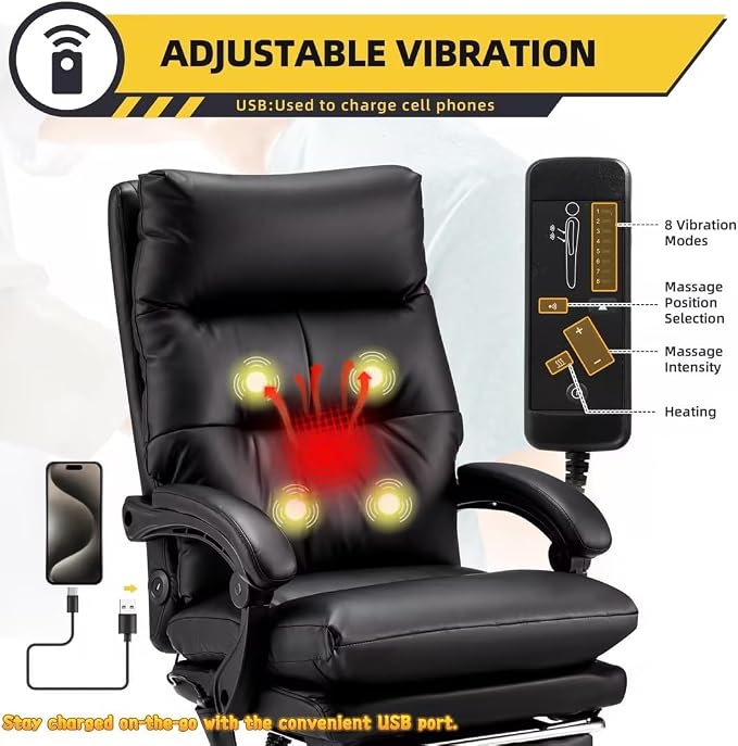 HOMREST Plush Executive Office Chair with Massage and Heat, Big and Tall Ergonomic Chair with Double-Layer Seat Cushion, Headrest, Lumbar Support, Footrest & USB for Home Office,Black