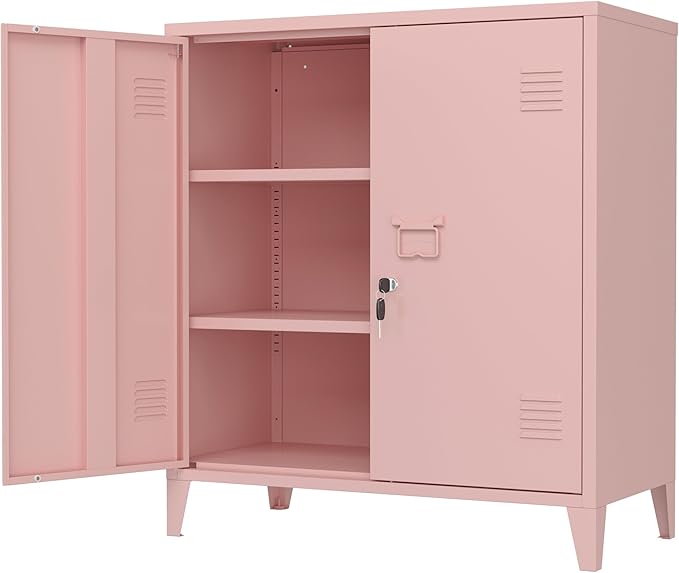 Metal Storage Cabinet 35.4”H Locking Storage Cabinet (Pink) | With 2 Adjustable Shelves and Doors, Pink Small Storage Cabinet for Home Warehouse Office Garage