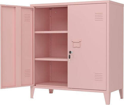 Metal Storage Cabinet 35.4”H Locking Storage Cabinet (Pink) | With 2 Adjustable Shelves and Doors, Pink Small Storage Cabinet for Home Warehouse Office Garage