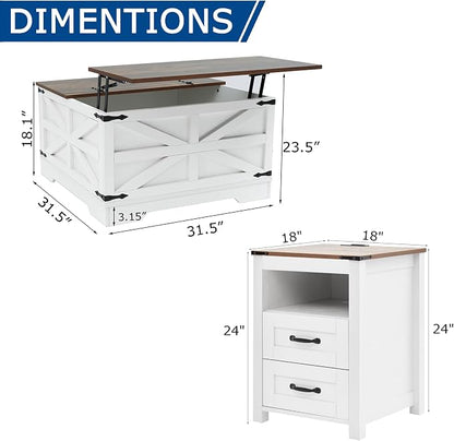 Farmhouse Coffee Table and End Table Sets of 3, 3 Piece Living Room Table Set with Charging Station, Lift Top Coffees and 2 Drawer Dresser, Wood Furniture Sets with Storage, White