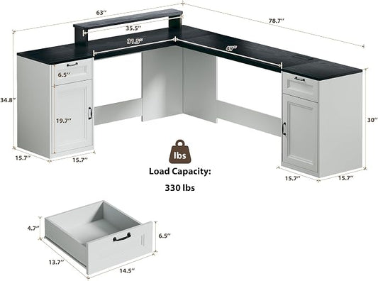 HUAHUU 78" Farmhouse L Shaped Executive Desk with Drawers, Modern Computer Desk with Power Outlets, Office Writing Desk with Monitor Stand & Storage Cabinet, Printer Shelf, Antique White