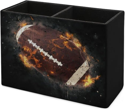 Pen Holder, Pencil Holder for Desk Organizer, America Football Fire PU Leather Pencil Cups Desktop Stationery Storage Makeup Brush Holder Pen Organizer for Office Home
