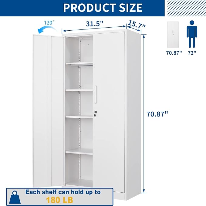 Fesbos Metal Storage Cabinet-71” Tall Steel File Cabinets with Lockable Doors and Adjustable Shelves-White Steel Storage Cabinet for Home, School, Office, Garage