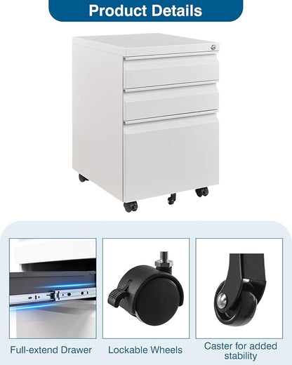PEUKC 3 Drawer Metal Under Desk Rolling File Cabinet, Lockable, Fits Letter/Legal/A4 Size, White, Home Office