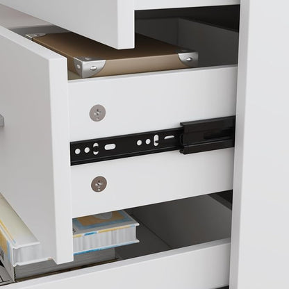 MOUMON L Shaped Standing Desk with Drawers and Shelves, Executive Adjustable Height Desk, L-Shaped Design, 63 inch Tabletop, for Office Oak and White (63”W x 63”D x 28.9-45.3”H)