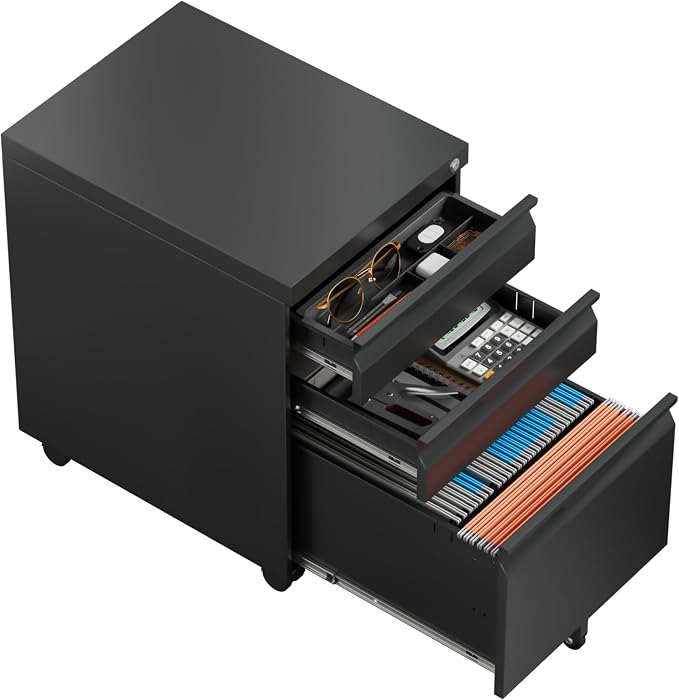 Locking File Cabinet 3 Drawers on Wheels Under Desk, Metal Filing Cabinets for Home Office, A4, Letter-Size Files, Hanging File Folders-Black