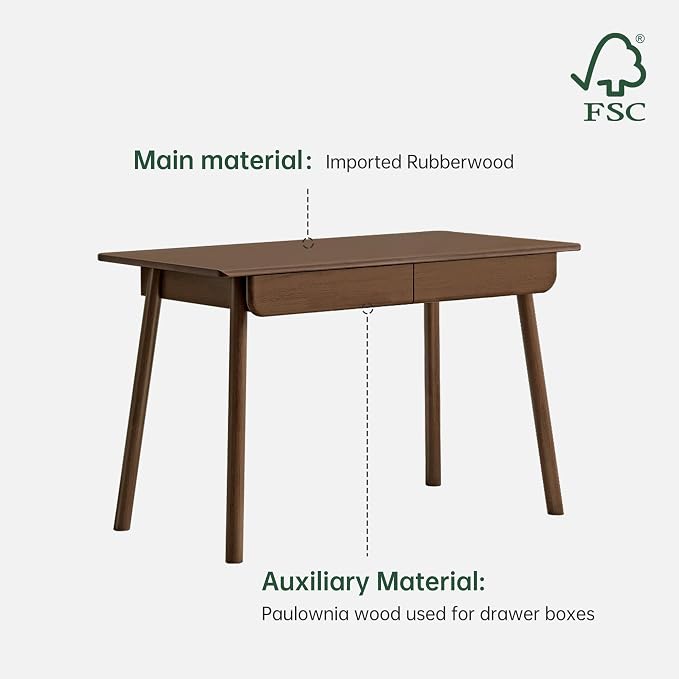 100% Solid Wood Desk with Drawers, Mid Century Modern Writing Desk, Walnut Color Office Desk for Study Bedroom Living Room 41.33" W