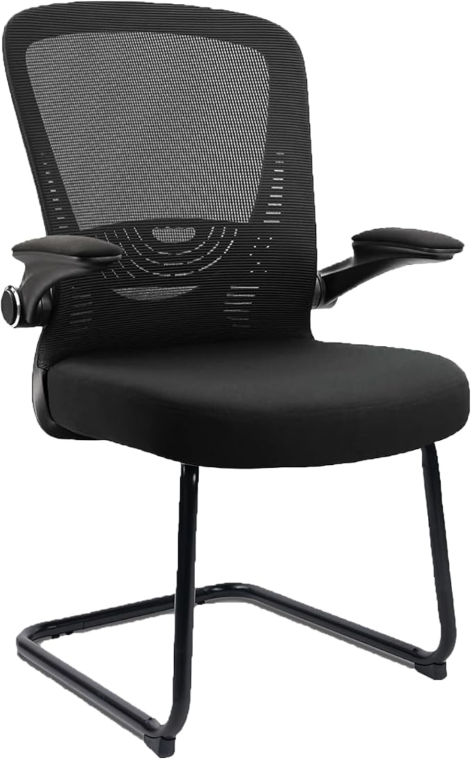 CLATINA Waiting Room Chairs with Flip Up Arms and Adjustable Lumbar Support, Office Guest Chairs & Reception Chair for Conference Room, Breathable Mesh Black Desk Chair No Wheels for Elderly
