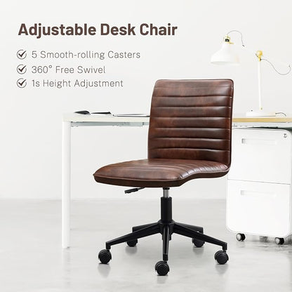 Furniliving Leather Home Office Chair, Armless Vanity Desk Task Chair with Wheels 360° Swivel Computer Rolling Desk Chair with Back, Adjustable Accent Chair with Base Stool