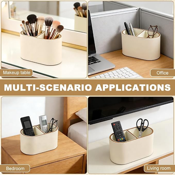PU Leather Desk Organizer & Pen Holder - 2-Compartment Small Pencil Cup, Remote Control Caddy, and Makeup Brush Storage for Office, Home, and School Supplies