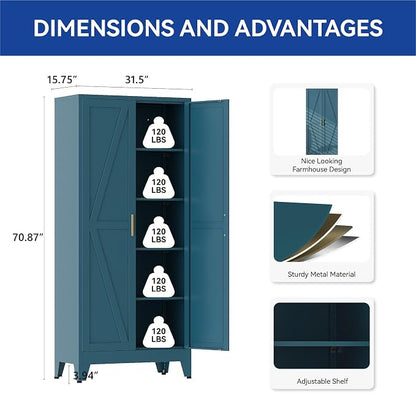 COFaR Metal Pantry Cabinet with Doors, Farmhouse 71'' Tall Storage Cabinet with 4 Adjustable Shelves, Kitchen Pantry Cabinet for Dinning Room, Laundry, Peacock Blue 5-Tier
