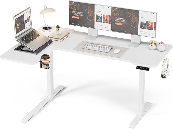 Acrolix L Shaped Electric Standing Desk - 59x40 Inch Reversible Corner Sit Stand Desk with Hook&Cup Holder,Electric Height Adjustable Table,for Home Office Gaming Computer Desk, White
