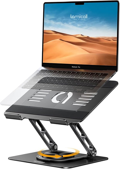 Lamicall Adjustable Laptop Stand for Desk - 360° Rotating Base Ergonomic Computer Stand, Aluminum Laptop Riser Foldable Protable for Office Home fits MacBook Neo Air Pro, Dell, HP (10-17.3'') - Black