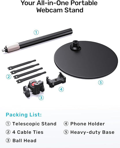Webcam Stand for Desk, with 360 Ballhead, Heavy Base Height Adjustable Tripod for Logitech Webcam C922 C930e C920 C615 C960 C920x BRIO 4K NexiGo N60, Phone Mount, Gopro with 1/4" Thread