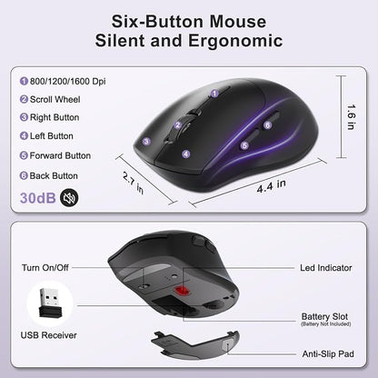Wireless Keyboard and Mouse Combo, 2.4G Full Size Wave Keys Ergonomic Keyboard with Wrist Rest, Phone Holder, 3-Level DPI Wireless Silent Mouse with 6-Buttons, for Windows, Mac OS (Purple Black)