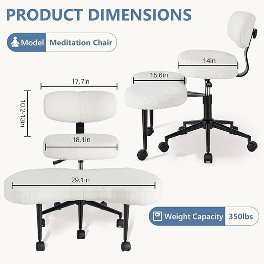 DUMOS Ergonomic ADHD Cross Legged Office Desk Chair with Adjustable Backrest, Height Adjustable Meditation Chair with 360° Swivel Footstool, Teddy Fleece Yoga Stool for Home Office, White