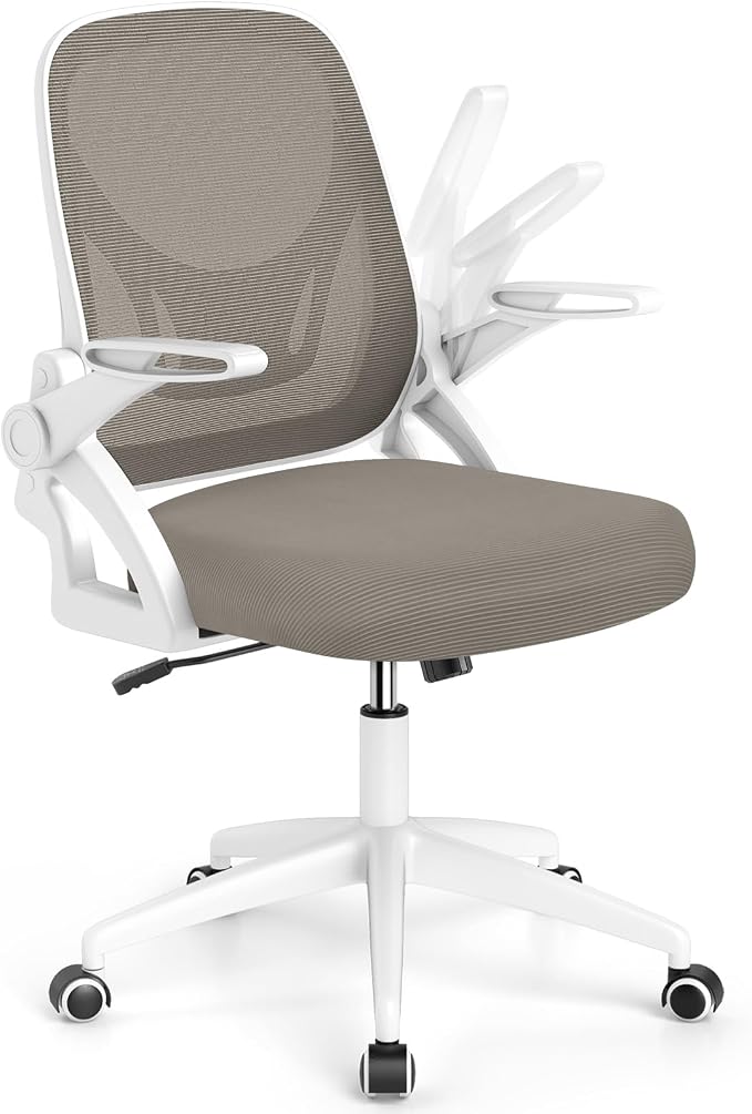 Giantex Mesh Office Chair, Ergonomic Desk Chair with Flip-up Arms & Lumbar Support, Height Adjustable Swivel Computer Desk Chair with High Back for Home Office (Khaki)