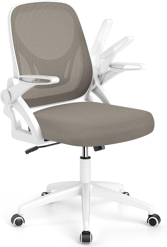 Giantex Mesh Office Chair, Ergonomic Desk Chair with Flip-up Arms & Lumbar Support, Height Adjustable Swivel Computer Desk Chair with High Back for Home Office (Khaki)
