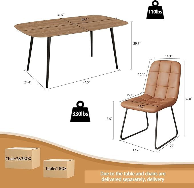 HIPIHOM 55 Inch Modern Wood Dining Table Set for 6 with Black Leather Chairs - Kitchen & Dining Room Furniture, Gray Table & 6 Seater Chairs Set (55.1")