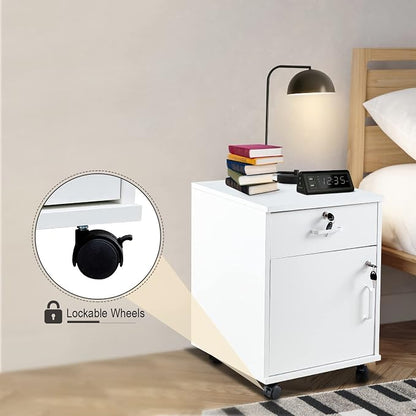 OFCASA 2 Drawer File Cabinet with Lock, Small Rolling Filing Cabinets for Home Office, Wood Under Desk File Cabinet with Wheels, Mobile Storage Organizer, Printer Stand for Letter/Legal, White