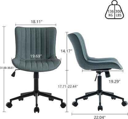 YOUNIKE Ergonomic Armless Office Chair Faux Leather Small Cute Desk Chair with 12° Rocking Back Adjustable Height Swivel Vanity Chair Compact Computer Rolling Task Chair for Small Spaces Greyish Green