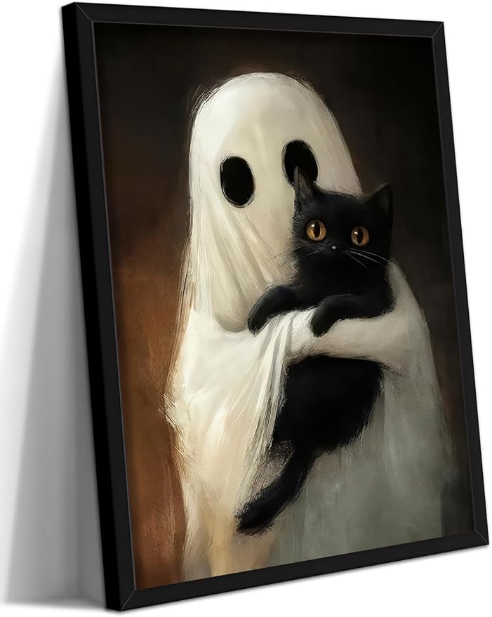 Framed Vintage Halloween Ghost Wall Art, Cute Ghost Hugging Black Cat Canvas Print, Cozy Dark Academia Gothic Halloween Decor for Living Room Bedroom, 12x16in Wood Frame