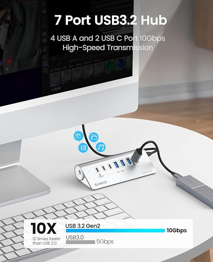 ORICO 7-Port USB 3.2 Gen2 Hub, Powered USB 3.2 Hub with 4 USB-A, 2 USB-C, PD 60W, 72W Power Adapter, 10Gbps Aluminium USB-Splitter with 3.28Ft USB-C to USB-C Cable for iMac, MacBooks, Mac mini