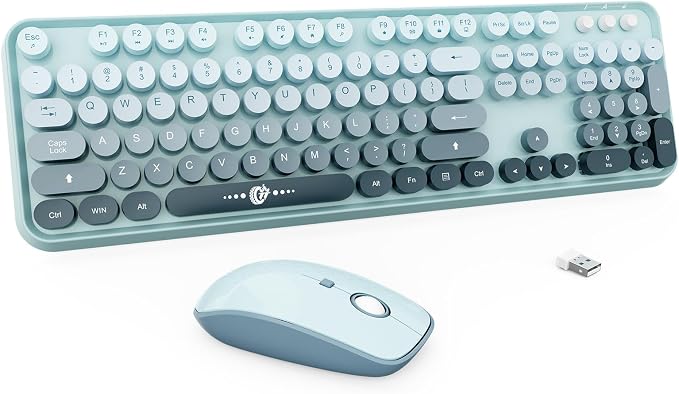 Wireless Keyboard and Mouse Combo Cute Colorful Keyboard and Mouse, Retro Typewriter Keyboard with 2.4GHz Plug & Play, for Windows 11/10/7, Laptop, PC (Blue)