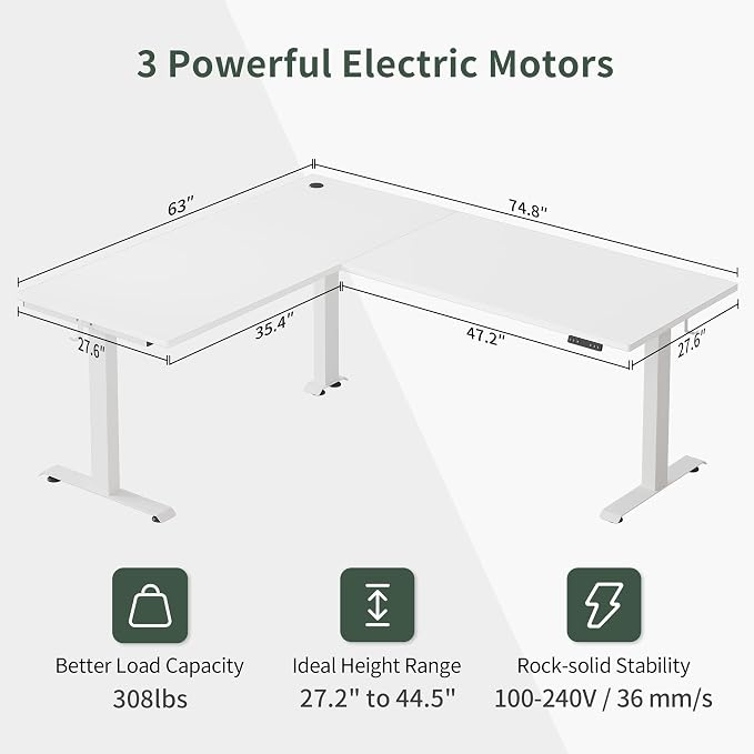 FEZIBO 75 Inches, Supports Over 300lbs, Large L Shaped Standing Desk, Electric Height Adjustable L Shaped Desk, Suitable for Home Office, White Frame/White Top