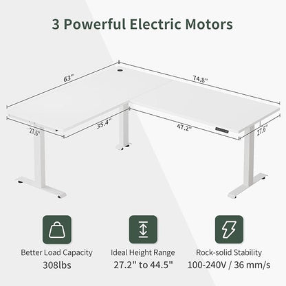 FEZIBO 75 Inches, Supports Over 300lbs, Large L Shaped Standing Desk, Electric Height Adjustable L Shaped Desk, Suitable for Home Office, White Frame/White Top